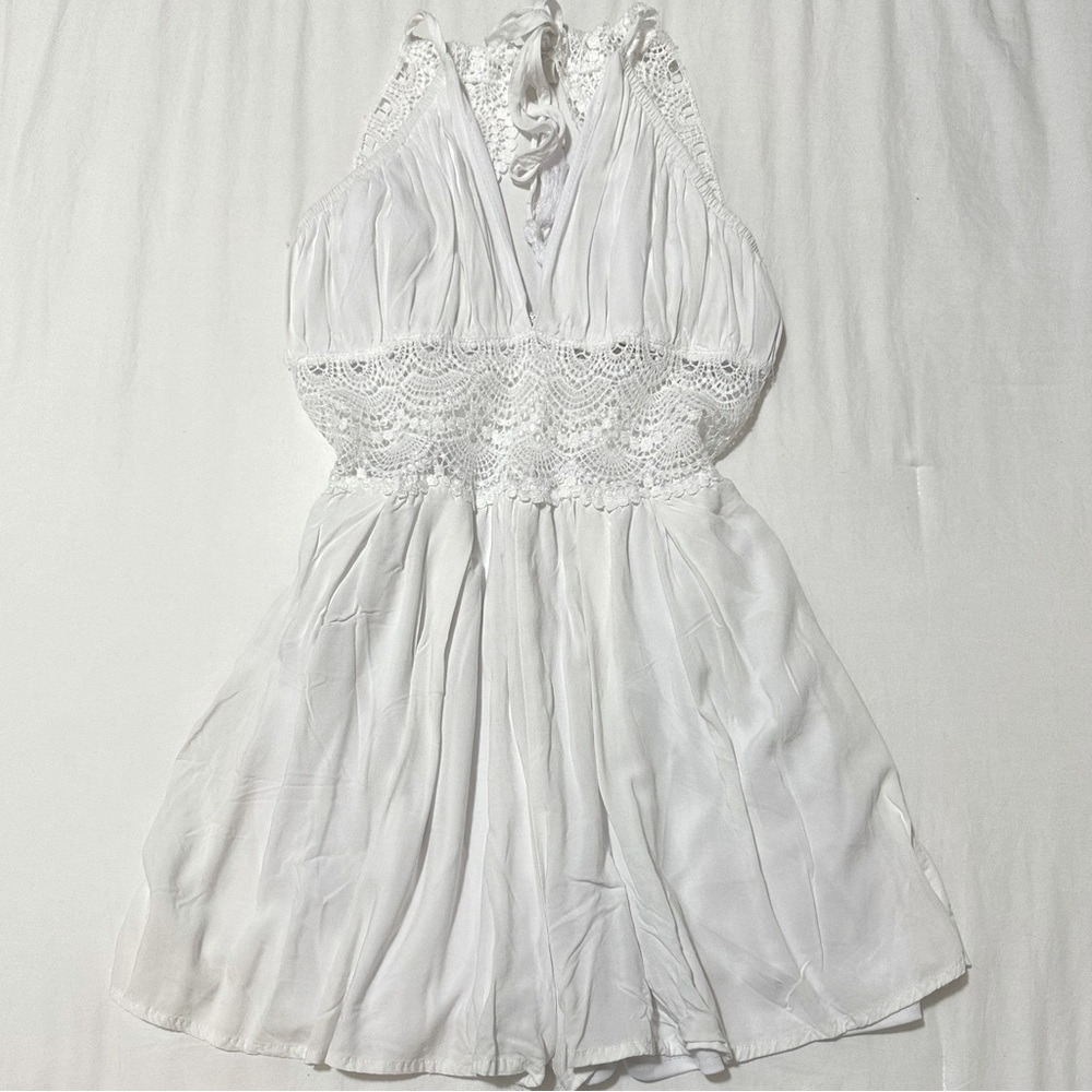 white lace romper with adjustable neck tie